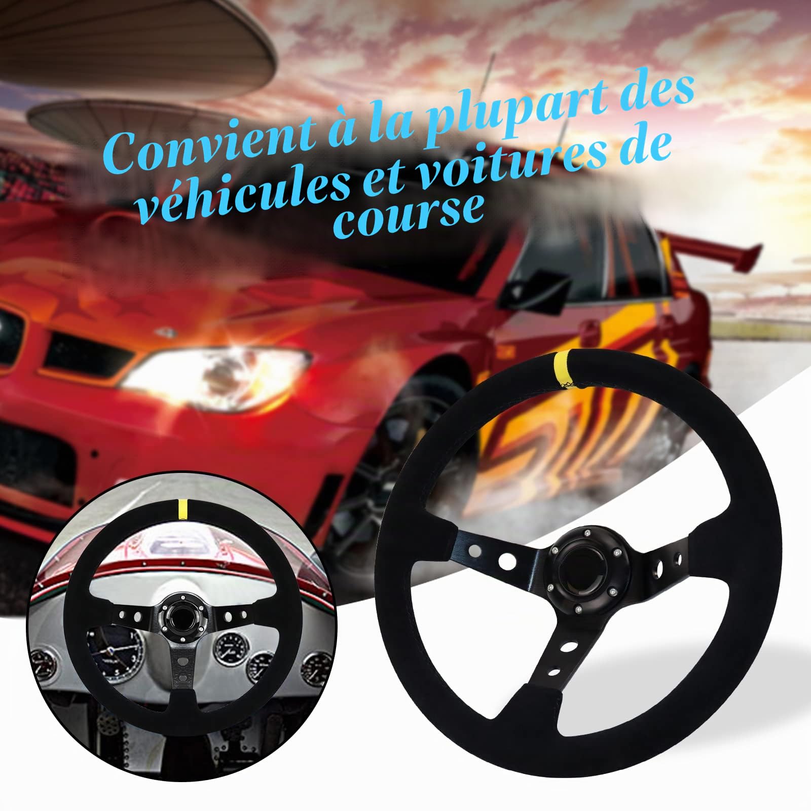 Volant de course, universel, volant de jeu, 13,6", 6 vis, poignée en daim Deep Dish avec bouton corne pour course/rallye/moteur/voiture sim guidage (noir)