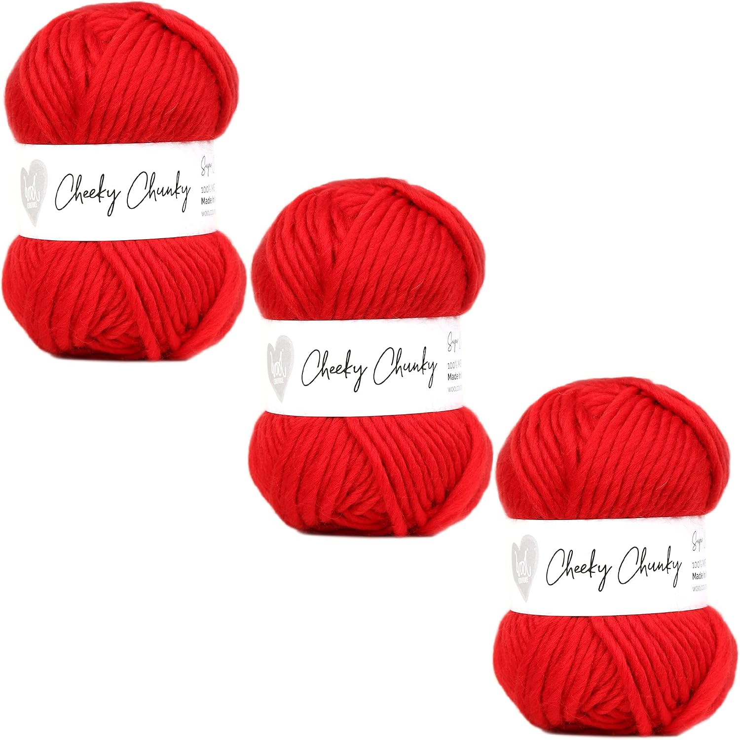 Wool Couture Cheeky Super Chunky Yarn - Super Soft 100% Wool Yarn - Red, 100g Ball - 3-Pack