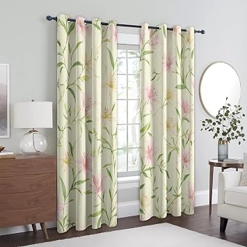 Pink Flower Curtains for Bedroom - Yellow Flower Curtain for Living Room, Green Leaf Window Curtains, Leaves Floral Home Decor Drapes 2 Panel Sets, Grommet Black Out Curtain 108 Inches Long