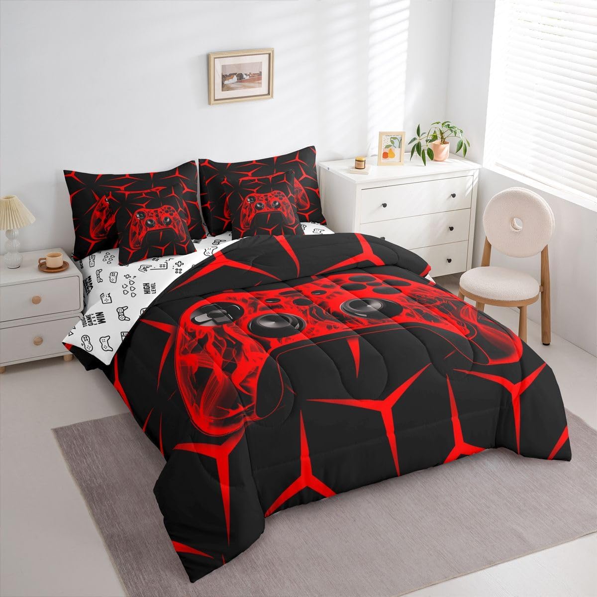 Feelyou Gamer Bedding Set Gamepad Comforter Set with Sheets 7 Piece for Boys Gaming Gifts Bed in a Bag Full Game Controller Red Bed Set with Comforter,Sheets,Cushion Covers