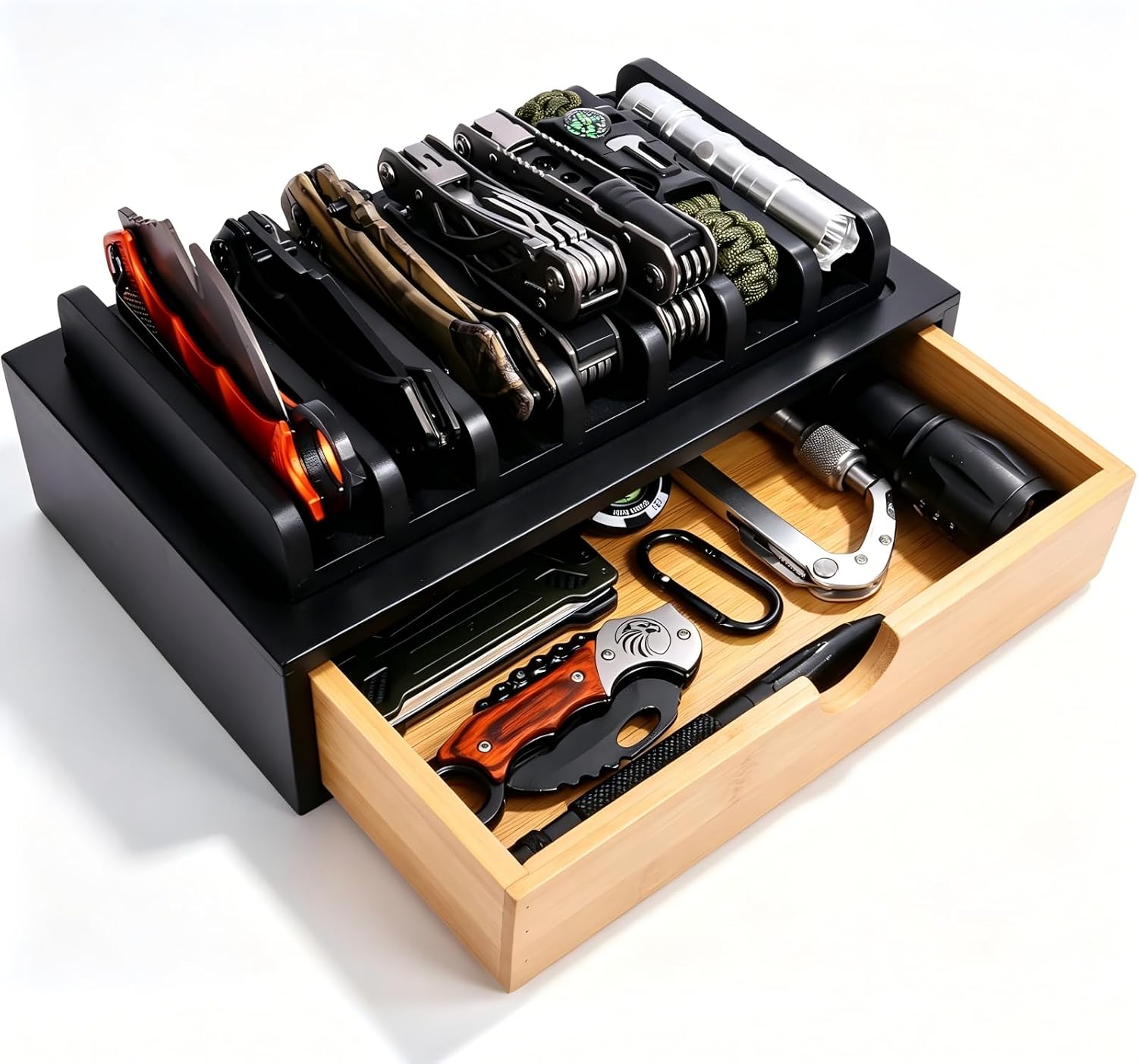 Pocket Knife Display Case, EDC Knife Rack for 7 Knives - Wooden Knife Organizer with Drawer for EDC Flashlight Or Knives Accessories, Knife Holder Suitable as Christmas Gift for Men, Black