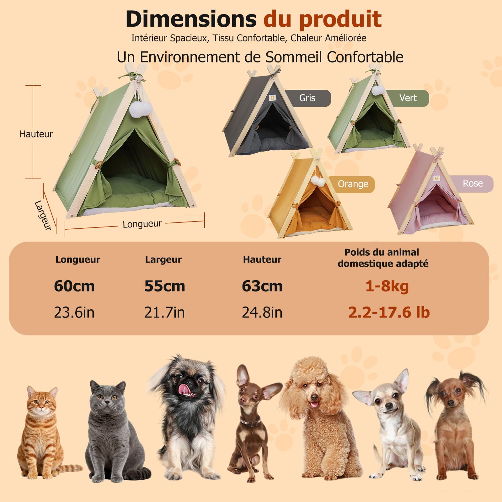 PETCUTE Tente tipi pour Chats et Petits Chiens, Pliables Tente pour Chiens avec Structure Triangulaire en Bois et Coussin Amovible, Niche d'intérieur Confortable pour Chat,Vert