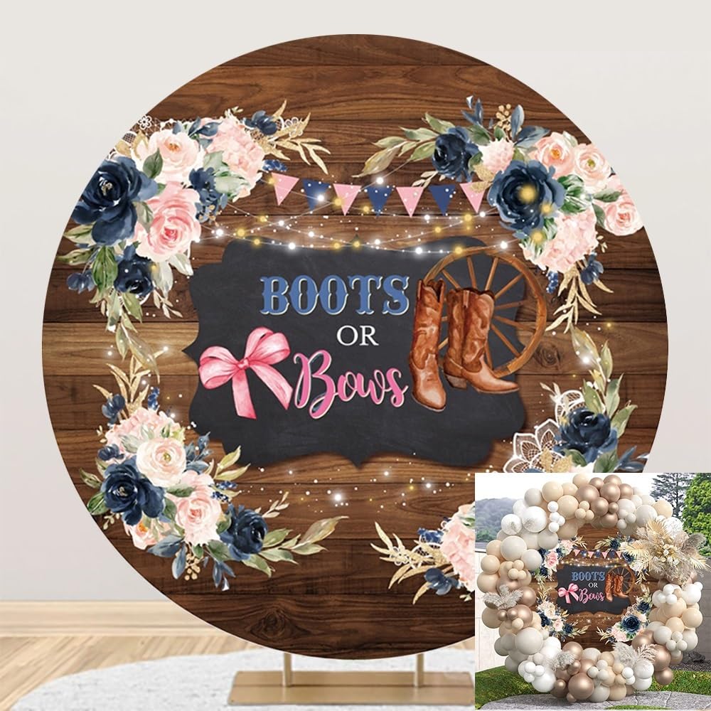 TTQYFNM 6.5x6.5ft Boots or Bows Gender Reveal Round Backdrop Cover Rustic Wood Blue and Pink Floral Photography Background He or She Pregnancy Reveal