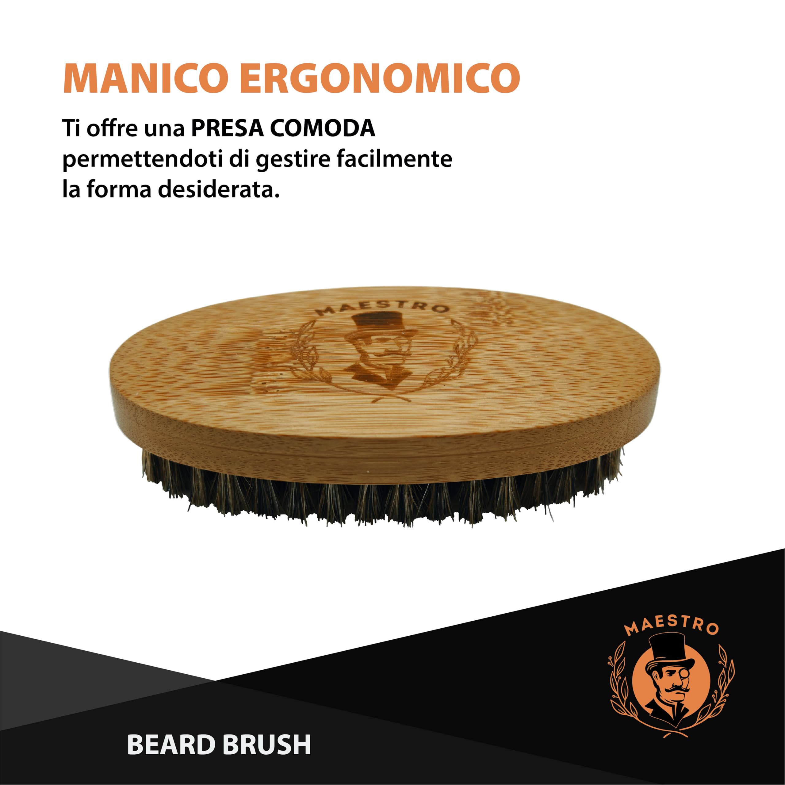 Spazzola da Barba Maestro – Setole Naturali di Cinghiale – Manico Ergonomico – Domina e Modella la Barba – Cura Professionale per Uomo