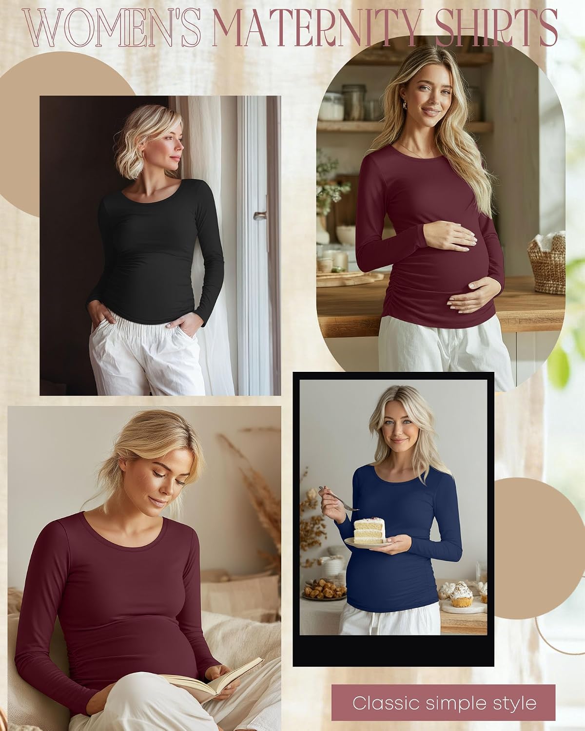 Ficerd 3 Pack Women's Maternity Shirts, Long Sleeve Side Ruched Pregnancy Tee Tops Crew Neck Casual Mama Clothes Basic Tunic