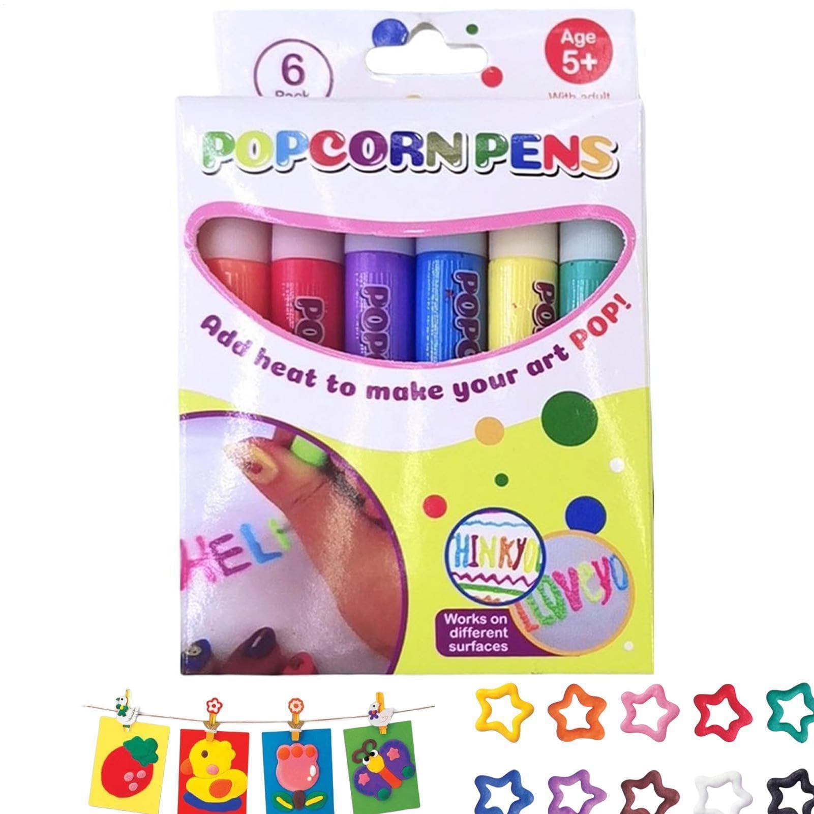 Popcorn Pens, 3D Puffy Popcorn Drawing Pens, Heat Activated Self Expanding Bubble Ink Art Markers with Raised Textured Finish, Multi Surface Compatible DIY Craft Tool for Handmade Artwork，6PCS