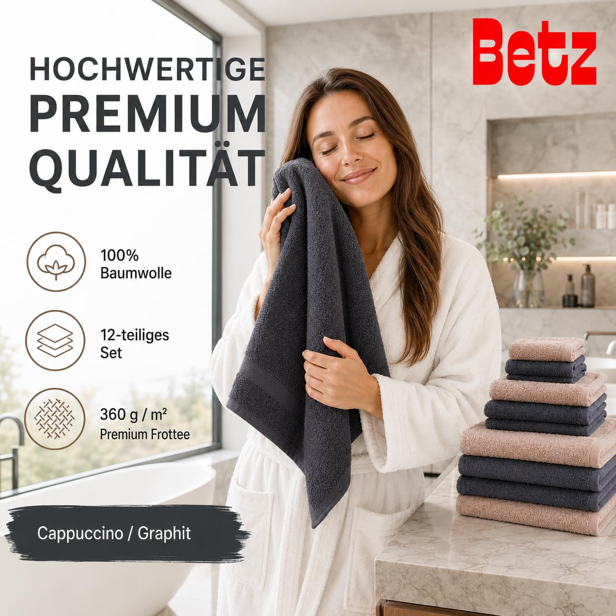 Betz Lot de 12 Serviettes Berlin 100% Coton 2 draps de Bain 4 Serviettes de Toilette 2 Serviettes d'invité 2 lavettes et 2 Gants Couleur Cappuccino - Graphite