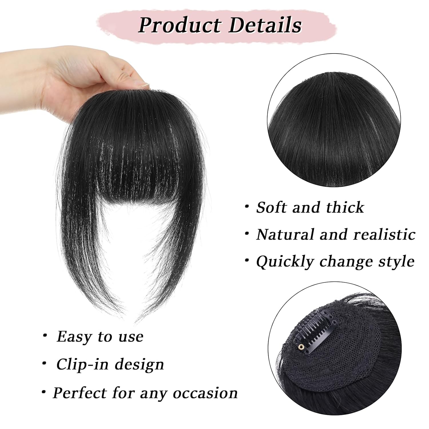 Clip in Bangs Real Human Hair Natural Black French Bangs Fringe with Temples Thick Curtain Bangs Clip on Bangs Curved Fake Bangs Hairpieces for Women for Daily Wear - Image 3