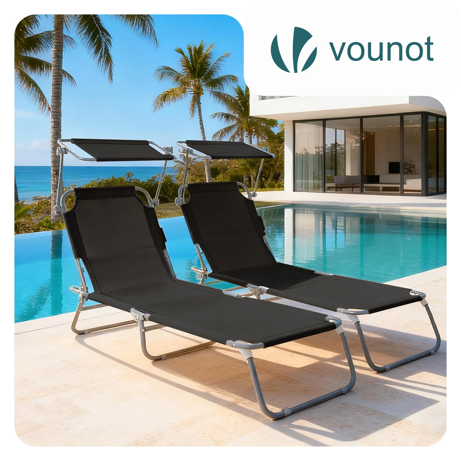 VOUNOT® Set di 2 Lettini Prendisole Pieghevole con Parasole, Sdraio da Spiaggia in Tessuto Poliestere Schienale Regolabile 4 Posizioni, Portata 120kg, per Giardino, Terrazza e Piscina, Nero