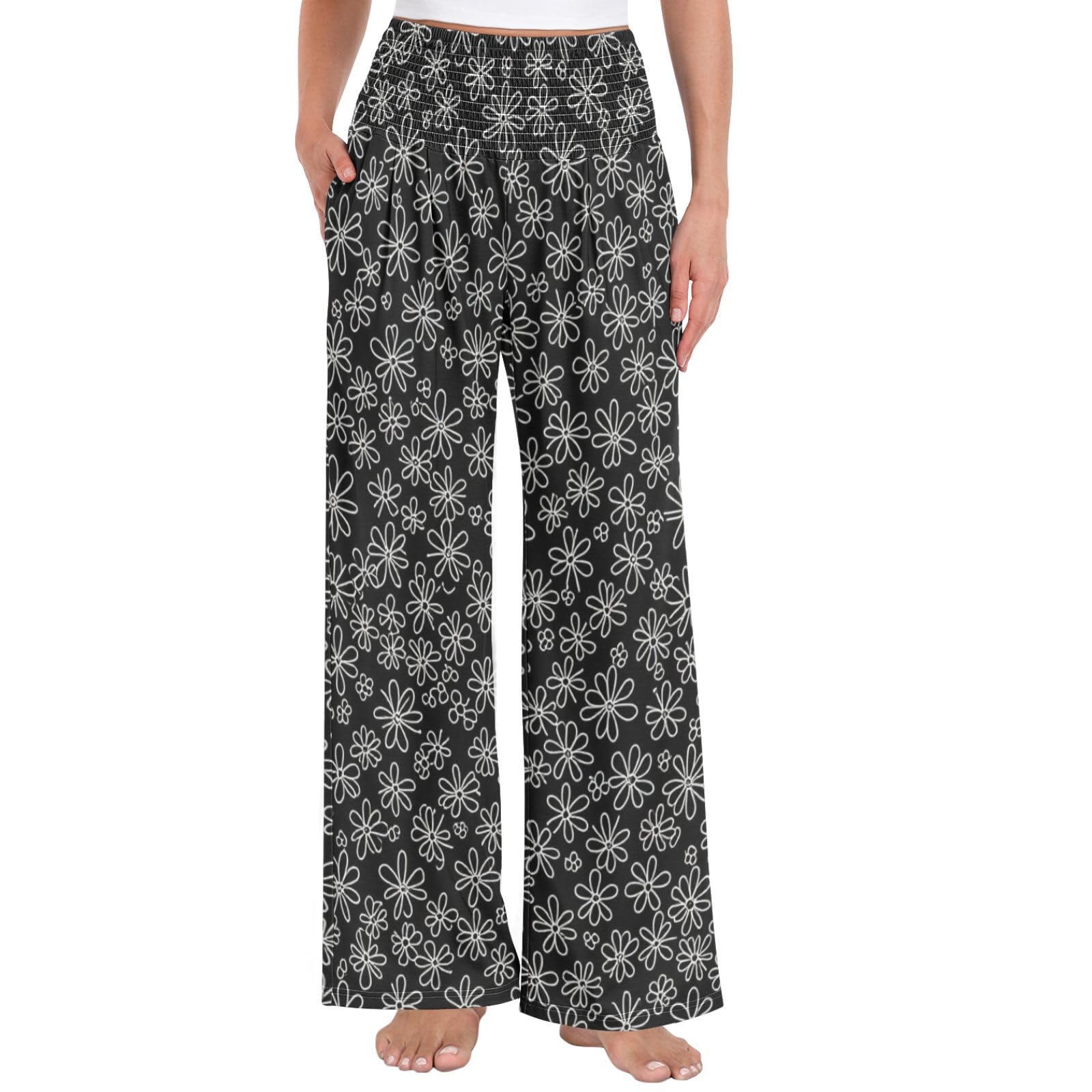 Pantalones de pierna ancha para mujer, ligeros, con textura floral, color negro, para yoga y verano