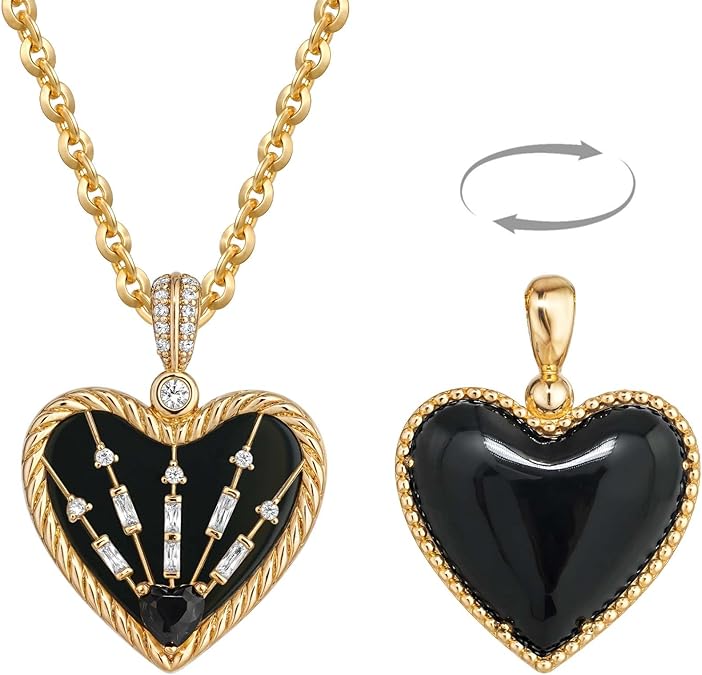 Fettero Gold Necklace for Women, 14K Gold Plated Heart Charm Necklaces for Women Double Sided Pendant Heart Necklace for Mom Wife Valentines' Day Jewelry