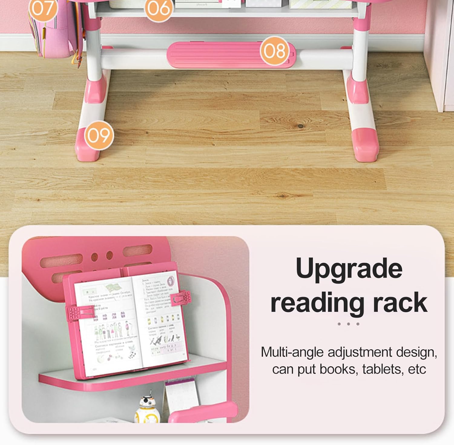 Upgraded Kids Desk and Chair Set, Adjustable Height Children Study Table with Drawer, Separated Storage, Pedal, Widened Desktop Student Writing Desk for Bedroom Reading