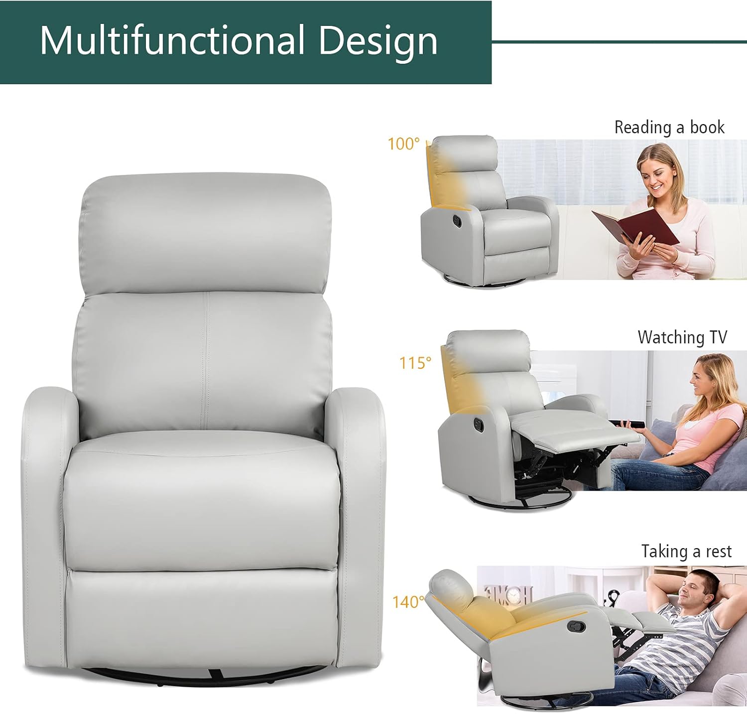 Giantex Recliner Chair, Manual Rocking Chairs with Pull Button, 360° Swivel Glider, Faux Leather Living Room Single Lazy Sofa, Padded Seat, Gliders for Kids Playroom, Nursery (Gray : Home & Kitchen