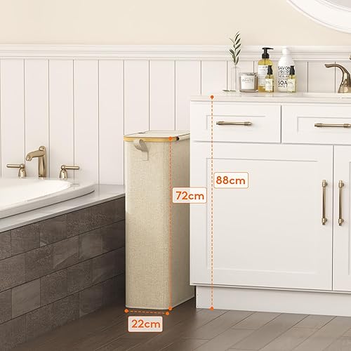 Miniatura 2 de Lifewit Cesta de lavandería delgada de 65 litros con tapa, cesta estrecha para la ropa sucia con bolsa extraíble y asas de bambú, canasta plegable