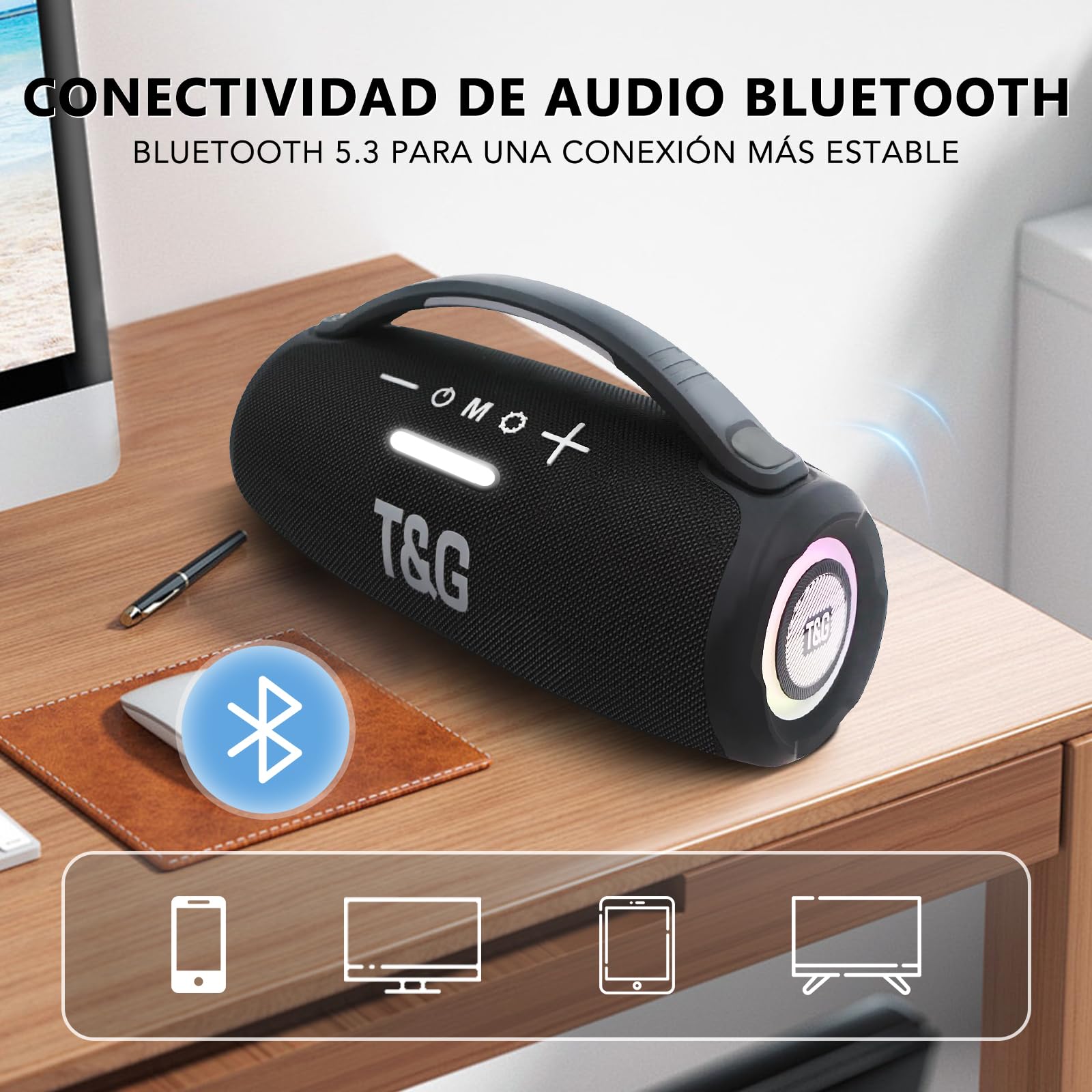 EASY SPEED Altavoz Bluetooth Potente 5.3,Altavoces Bluetooth Impermeable,Conexiones USB (Tipo-C), Aux, Radio FM,Alcance 10 Metros,para Exterior,Negro