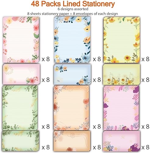 Miniatura 7 de 48 paquetes de papel estacionario rayado para escribir cartas, papel estacionario de doble cara con diseño floral de 8.5 x 11 pulgadas para escribir