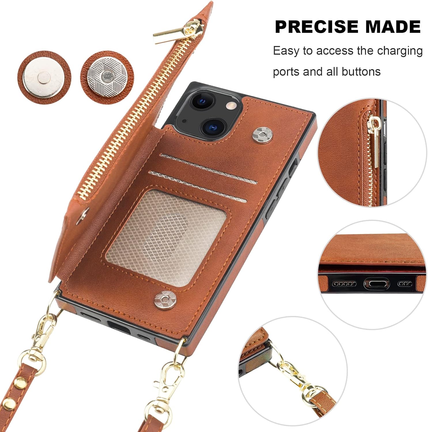 Bocasal Crossbody Wallet Case for iPhone 13 Mini with RFID Blocking Card Slot Holder, Magnetic Flip Folio Purse Case, PU Leather Zipper Handbag with Detachable Lanyard Strap 5.4 Inch 5G (Brown)