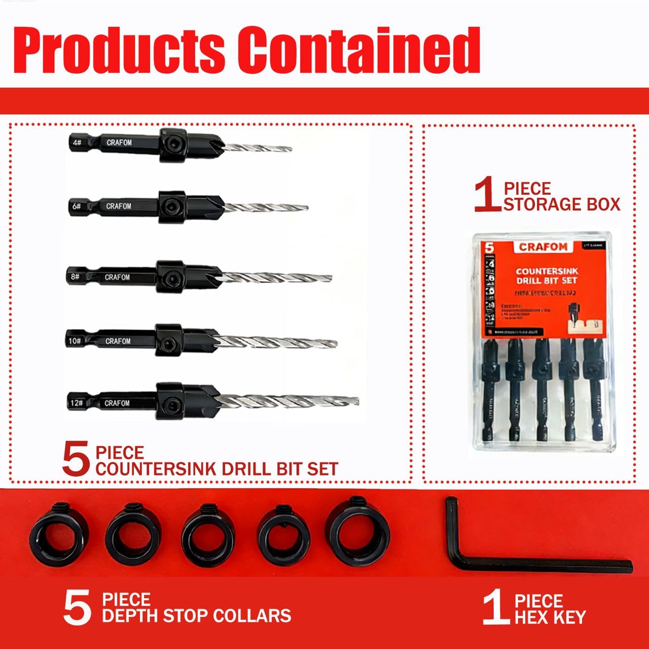 Countersink Drill Bit Set, 5 PCs Counter Sink Drill Bit Adjustable, #4, #6, #8, #10, #12, M2 High Speed Steel,1/4” Hex Shank, 5 PCs Depth Stop,1 PC Hex Key, Storage Box, Ideal for Woodworking