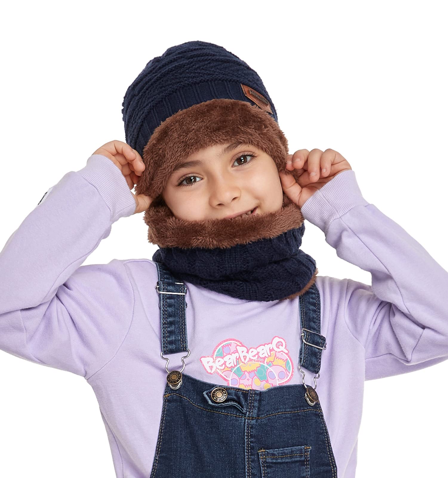 Bequemer Laden Enfants Hiver Chaud Ensemble Bonnet Echarpe Tricot Chapeau avec Doublure Polaire pour 3-8 Ans Garcon Fille Cadeaux Noel
