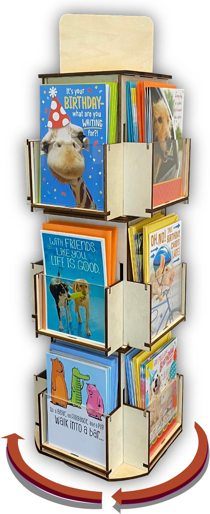 Rotating Greeting Card Display Stand, 3 Tier Wooden Organizer, 4-Sided Display Rack Spinning Multi-Pocket Display for Coasters, Stickers, Retail, Tradeshow - A4, A6, A7, 5"x7", 4 bar (Natural)
