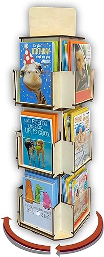 Soporte giratorio para tarjetas de felicitación, organizador de madera de 3 niveles, estante de exhibición de 4 lados, exhibición giratoria de