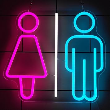 Toilet Neon Sign, Female Left Male Right Restroom Dimmable Neon Lights, USB Washroom Wall Decor LED Luminous Signs,A,36x32cm