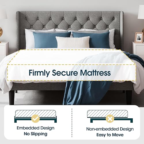 Miniatura 5 de WEEWAY Base de cama tapizada tamaño Queen con cabecera copetuda con respaldo de alas, plataforma moderna con soporte de listones de madera, fácil