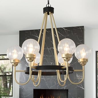 6-Light Modern Chandelier, Black and Gold Wagon Wheel Chandelier with Ribbed Glass Globes Pendant Lighting Fixture for Dining Room Kitchen Island Living Room