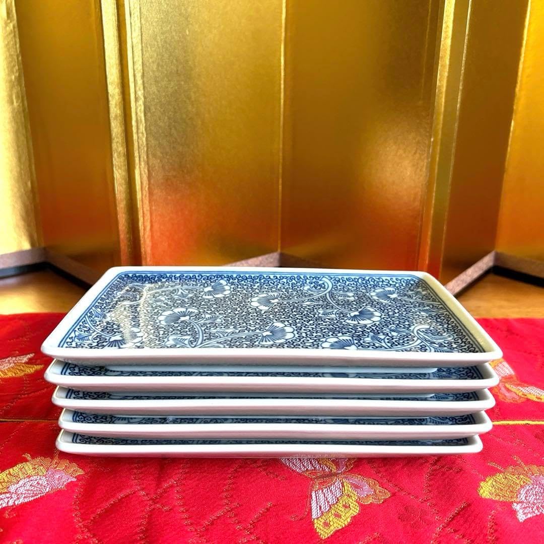 たち吉 藍染唐草 長角皿 5枚セット 平皿