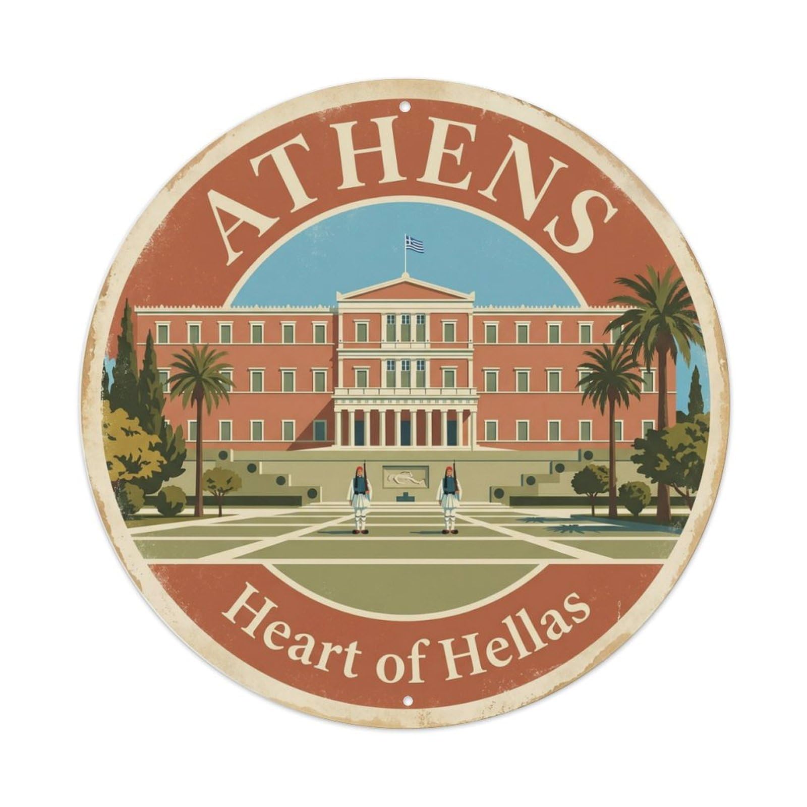 Vintage Travel Syntagma Square Athens Metal Tin Sign Plaque Wall Decor for Cafe, Club, Garden Round Metal Poster 8x8Inch