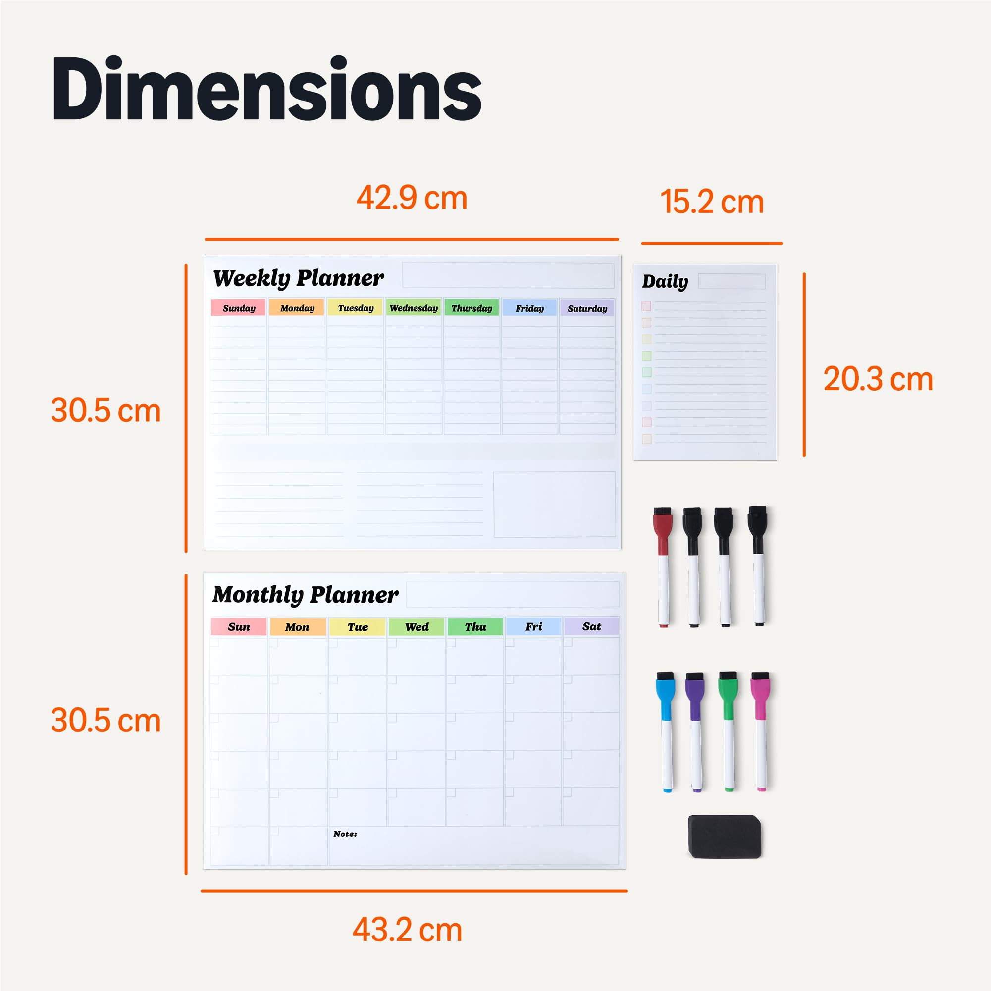 Amazon Basics Lot de 3 Tableaux Blancs Magnétiques Effaçables à Sec, Planning Mensuel Hebdomadaire Quotidien, 8 Marqueurs 1 Effaceur