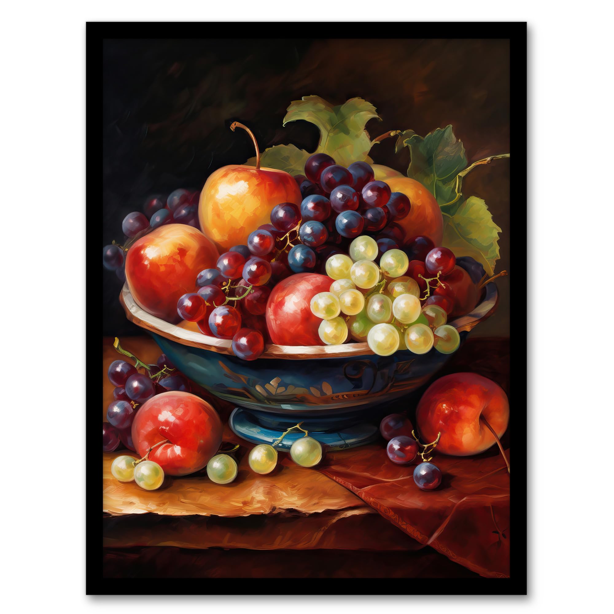 Classical Still Life Fruit Bowl Oil Painting - Framed Poster Wall Art Print - 12x16 inch