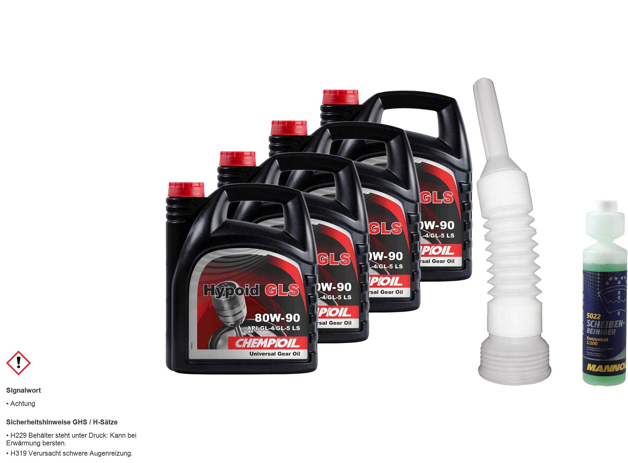 Set 16 Liter 85437071 CT4504 5022 CH8802-4 MANNOL Scheibenreiniger Konzentrant 1:100 250ml Auslaufschlauch 4L Handschaltgetriebeöl CH Hypoid GLS 80W-90