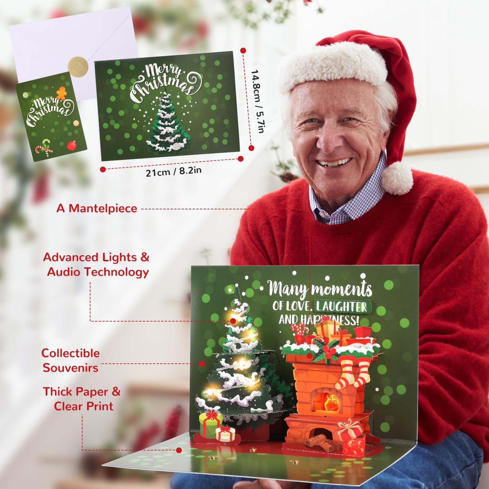 Tarjeta de Navidad musical, 3D Navidad inflables tarjetas emergentes con luces y música, tarjeta de felicitación de vacaciones para Navidad Invierno - chimenea, ZGSDCHPS0002