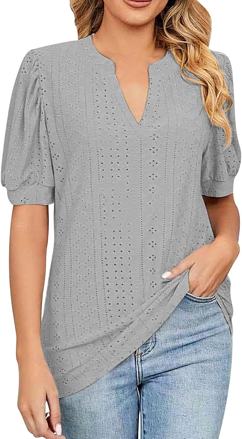 Womens Summer Business Casual Blouses V Neck Short Sleeve Shirts Eyelet Cute Lace Tops