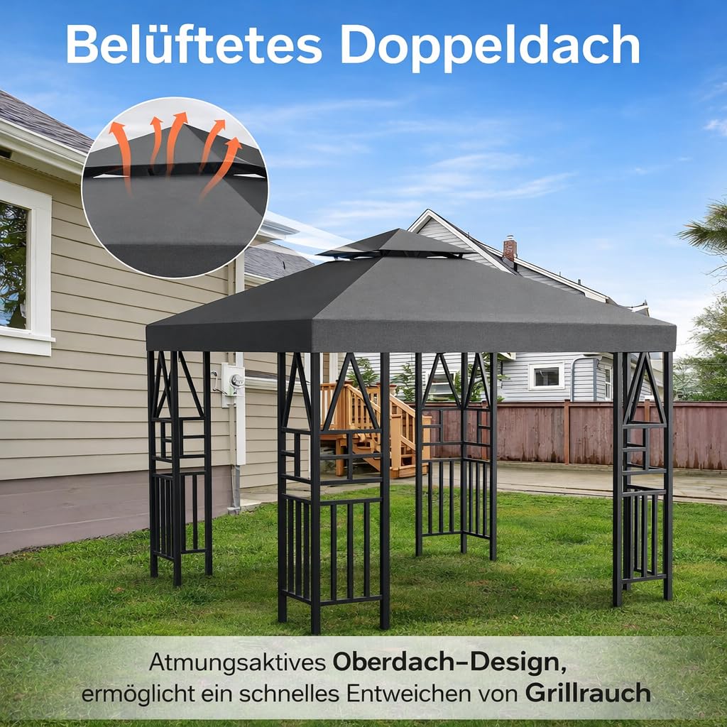 Pavillon Ersatzdach 3x3M Wasserdicht, UV-beständig, Doppellagig mit Belüftung, 12 Fest Integrierten Klettbändern, Hochdichtes Polyesterdach für Gartenpavillon, Grillpavillon oder Partyzelt (Grau) - 4