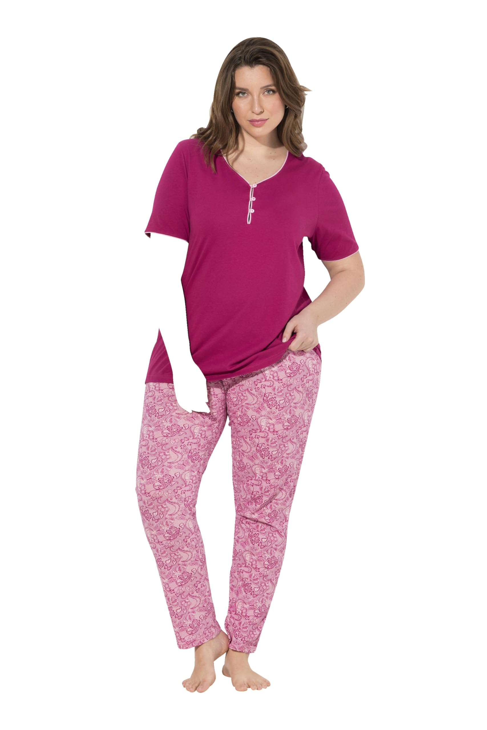 Ulla Popken Damen große Größen Übergrößen Plus Size Pyjama, Zierkante, Spitzendruck, Halbarm 792634