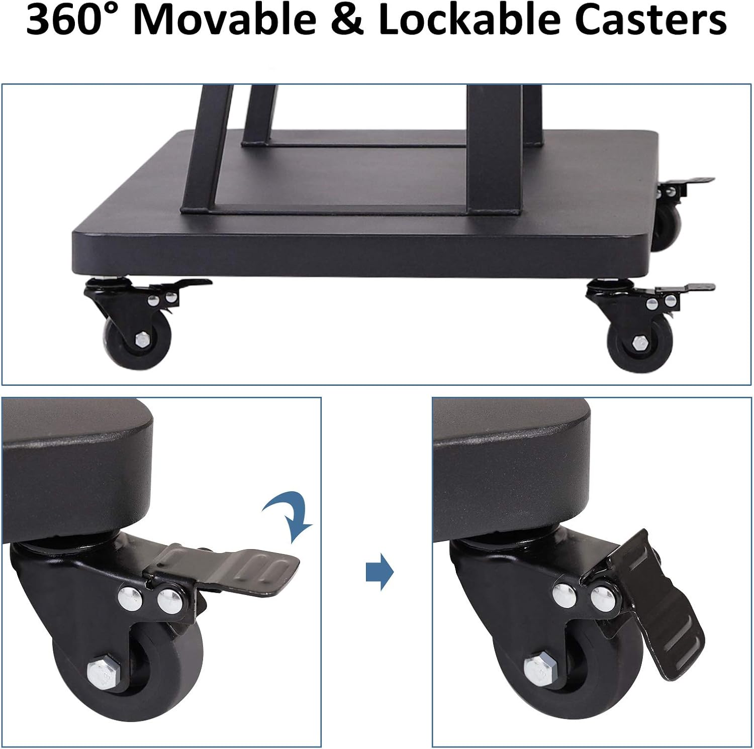 Close-up diagram showing the 360-degree movable and lockable casters on the unho 950A Mobile TV Cart, with an illustration of how to engage and disengage the lock mechanism.