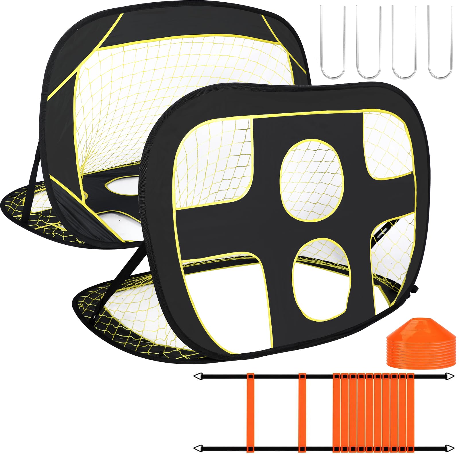 Folding Football Goal for Children – 2 in 1 Pop Up Soccer Goals for Garden with Carry Bag – Includes 6 m Coordination Ladder (12 Steps) and 10 Marker Cones