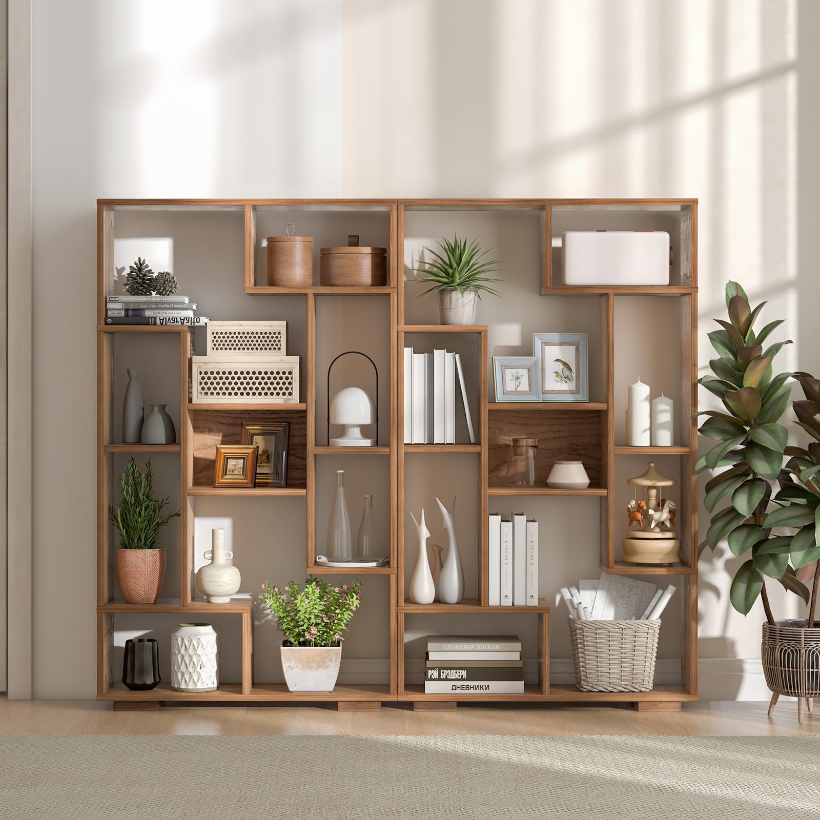GOPLUS Bibliothèque Meuble de Rangement, Étagère Bureau en Bois pour Salon 70 x 20 x 120 CM, 9 Étagère Cube Ouverte, Kit Anti-basculement, Organisateur pour Chambre, Bureau, Charge 25KG (Naturel)