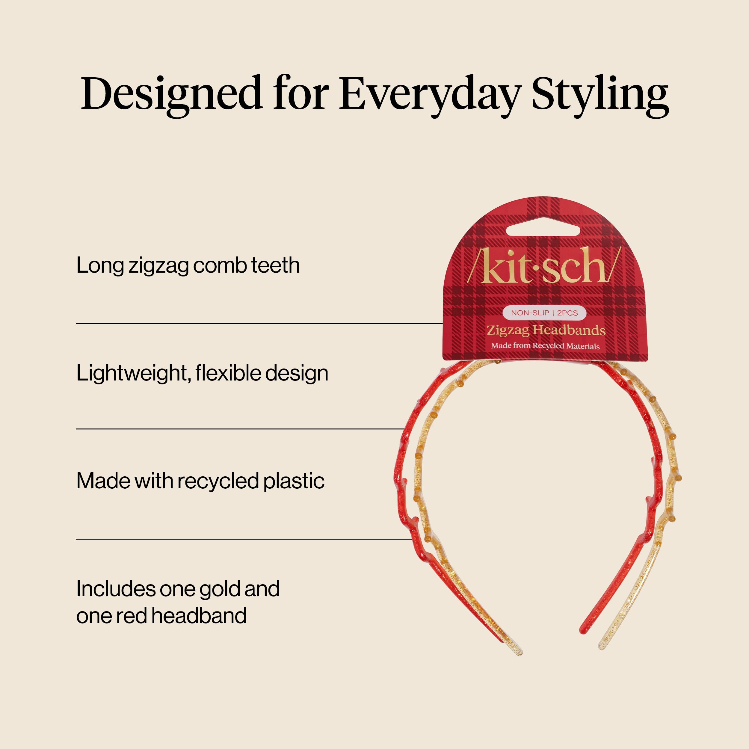Kitsch Zig Zag Headbands for Women - Gold & Red, 2 pcs view 4