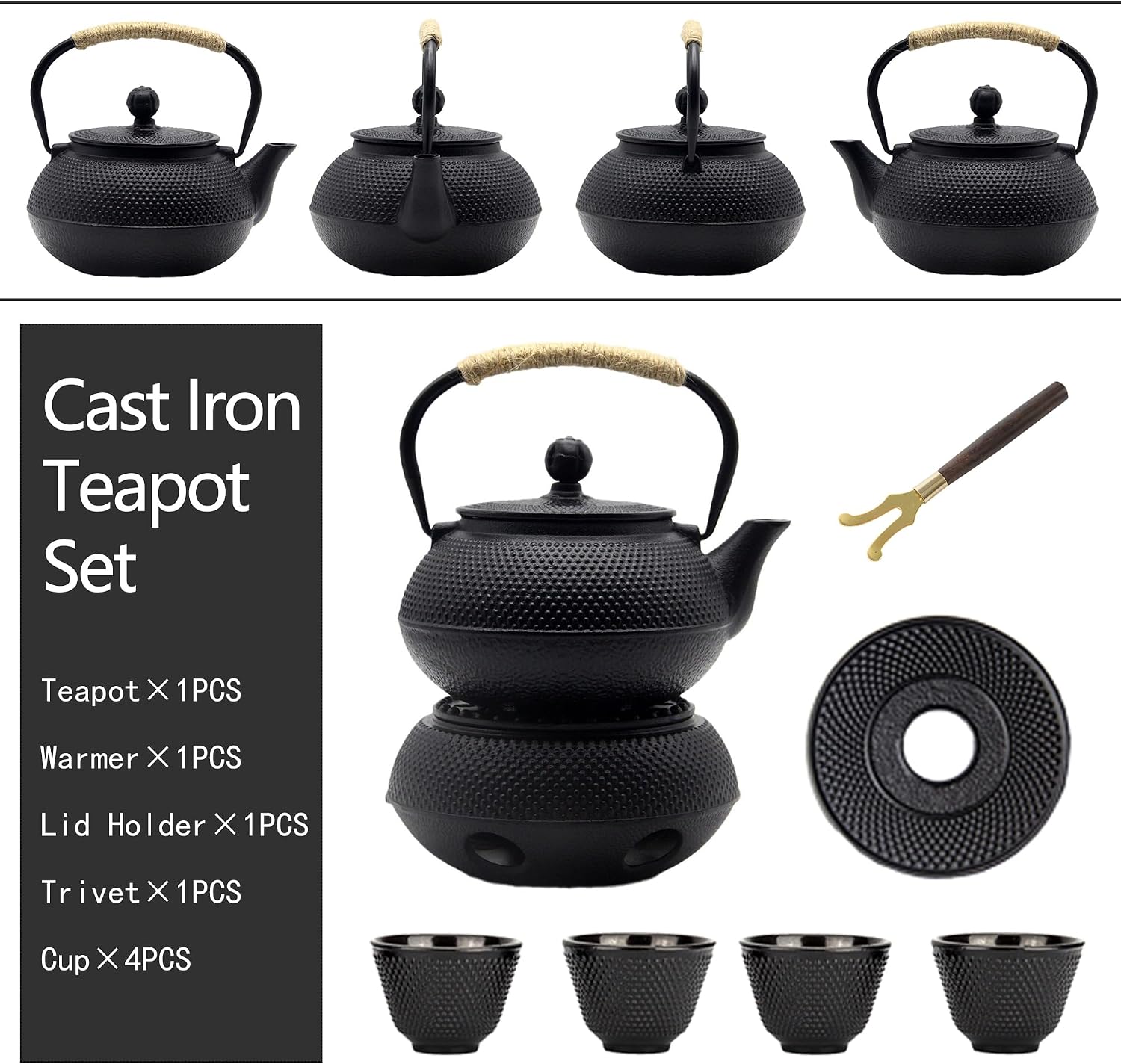 20.3oz Small Cast Iron Teapot Set with Warmer, Japanese Black Tea Kettle for Stovetop Safe, Teapot and Cups Set, Tea Pot with Stainless Steel Infuser for Loose Tea(600ml)