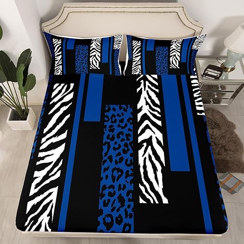 Manfei Sábana bajera ajustable con estampado de leopardo, tamaño matrimonial, con textura de piel de cebra, color negro y blanco, decoración de