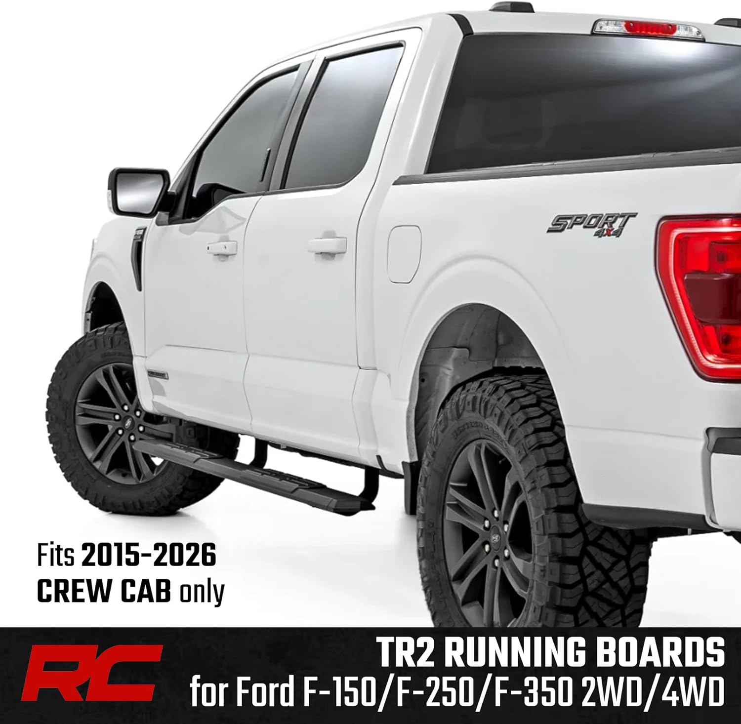 Rough Country TR2 Running Boards for Ford F-150/F-250/F-350 Crew Cab (2015-2026) – 5" Wide Cab-Length Aluminum Side Steps