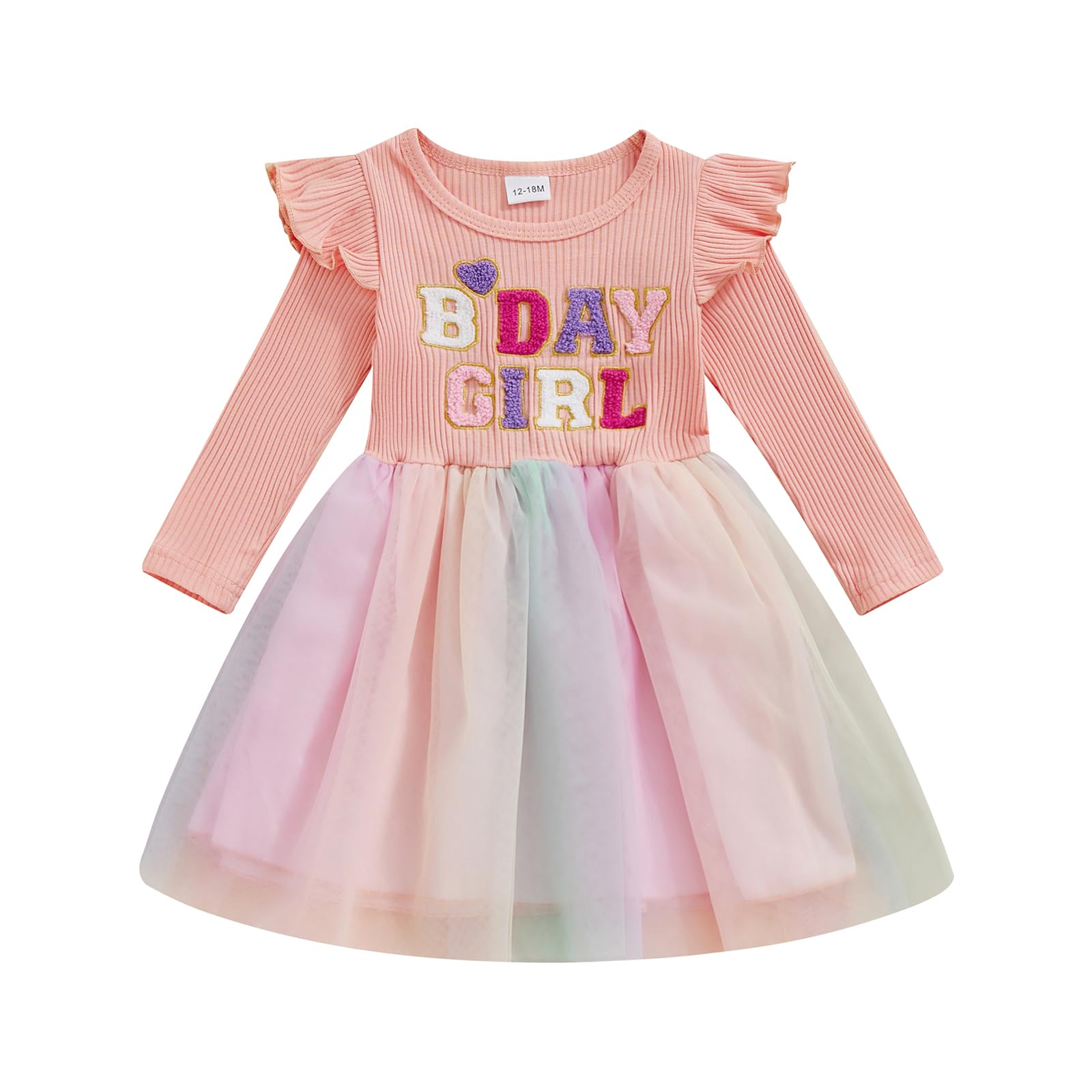 Matching Sister Outfits Girl and Baby Birthday Gril Print Ribbed Ruffle Sleeve Top with Tulle Dress/Baby Romper Dress (Pink, 12-18 Months)