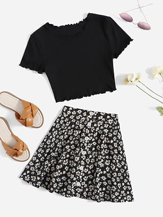 SHENHE Girl's Floral Skirt Outfits Two Piece Short Sleeve Crop Top T Shirt and Skirt Set