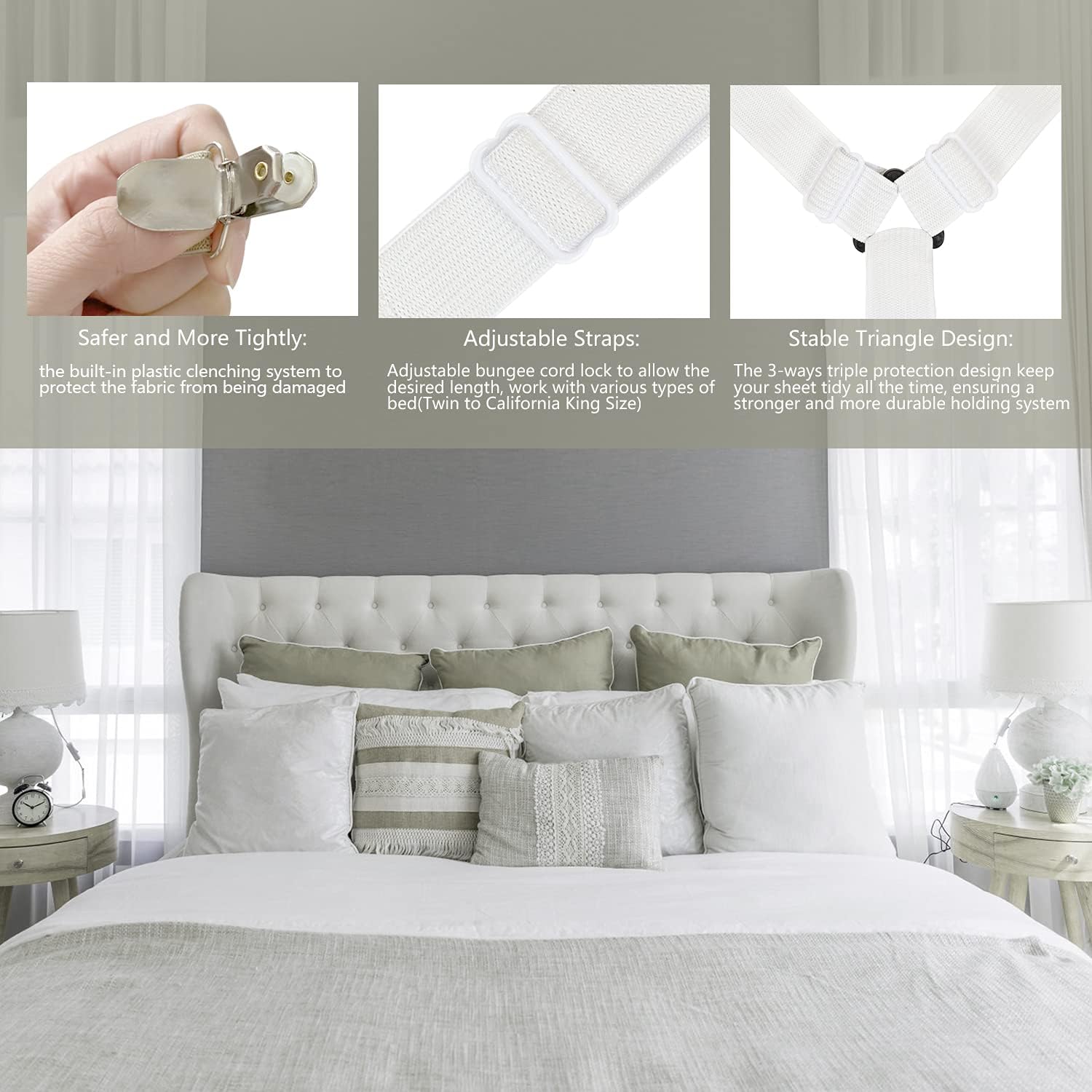 ASTINI Bed Sheet Holder Straps, Adjustable Crisscross Sheet Clips Elastic Band Fitted Bed Sheet Fasten Suspenders Grippers Fit Round and Square King Queen Mattresses 2 Pack (24 Clip)