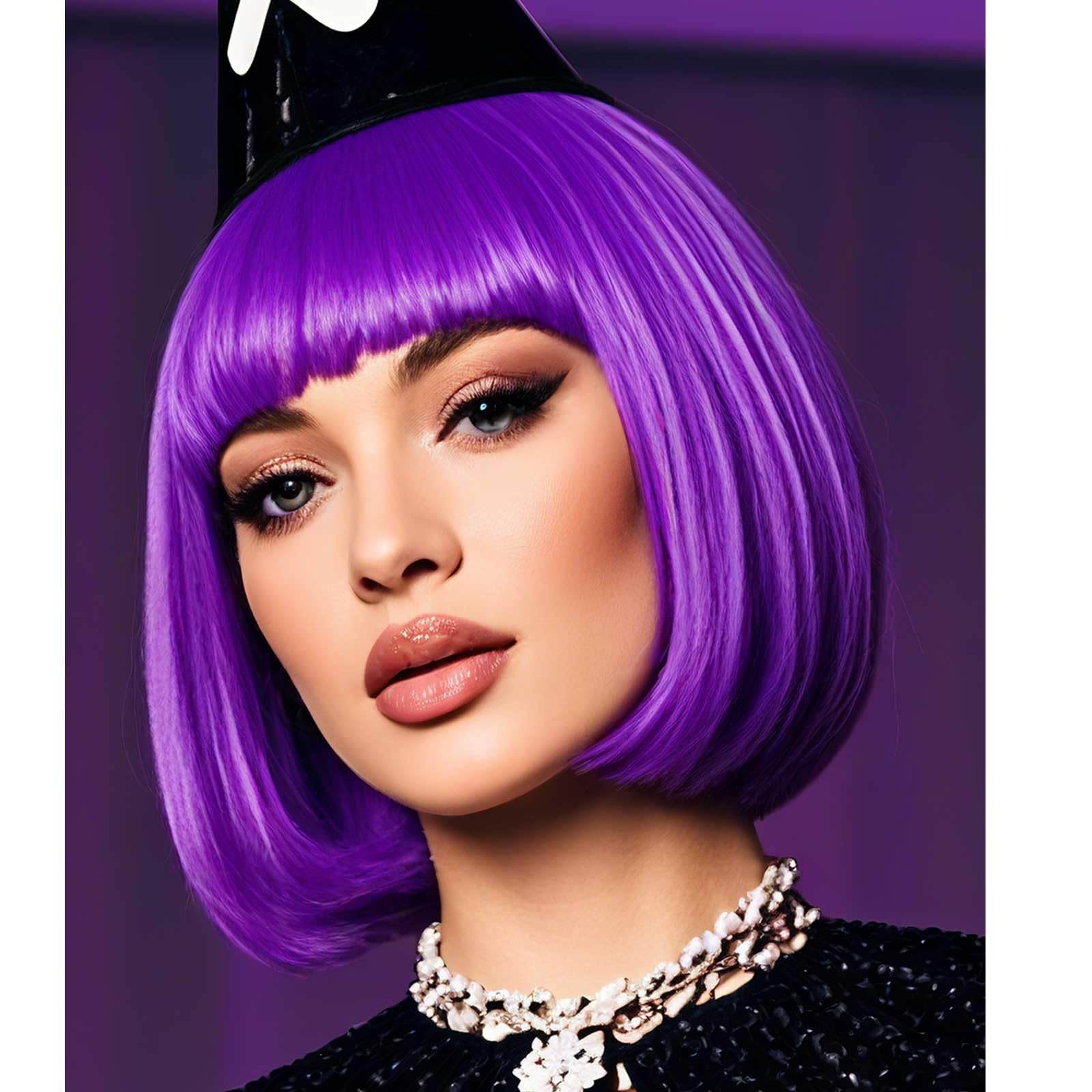 Photo 1 of YOUNIGA Dark Purple Bob Wig With Bangs 12 Inch Short Synthetic Fiber Bob Wigs for Women Short Bob Wigs and Halloween Cosplay Wig for Daily Life Colorful Wigs With One Cap (Dark Purple)