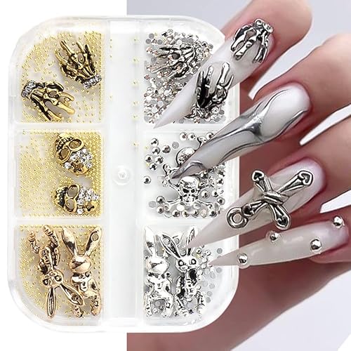 2 Boxes 3D Skull Spider Skeleton Hands Halloween Nail Art Charms,Acrylic Nail Rhinestones Gems Silver Gold Vintage Alloy Nail Art Design Decoration Accessories(Spider Skull) #TOP2