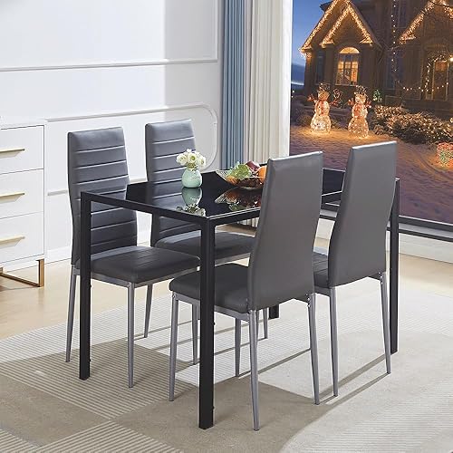 ROZHOME Juego de mesa de comedor para 4, mesa de cocina y sillas de 5 piezas con mesa de vidrio templado y 4 sillas de marco de metal de terciopelo,
